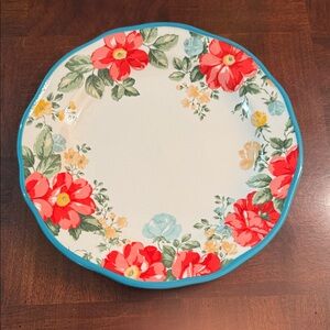 Pioneer Woman Vintage Floral Dinner Plate Teal Border Stoneware